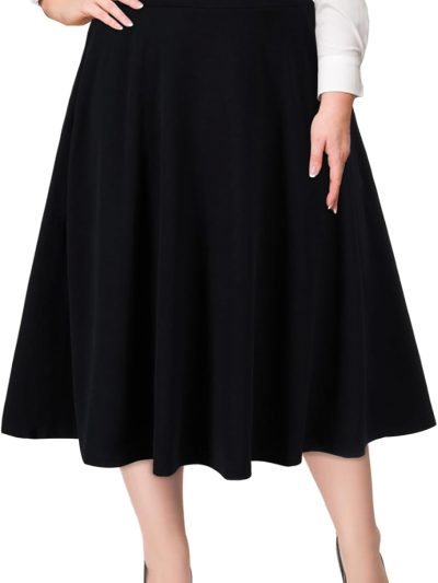 Women Plus Size Midi Skirt High Elastic Waist A-Line Flared Skater Skirts with Pockets