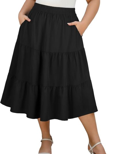 Women Plus Size Casual Summer Midi Skirt with Pockets 1X-3X Tiered Lightweight A-line Skirts