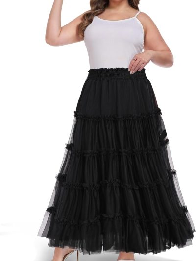 Women Plus Size Tulle Maxi Skirt Casual A Line Tiered High Waisted Tutu Skirt Party
