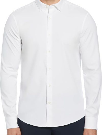 Men Solid Long Sleeve Dress Shirt, Slim Fit, Point Collar, Lightweight Stretch Fabric