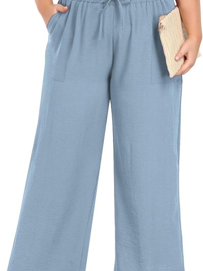 Women Plus Size Wide Leg Pants Summer Stretchy Drawstring Waist Comfortable Fit Casual Trousers Pants with Pockets
