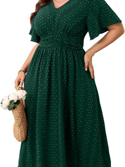 Women Plus Size Maxi Dress V Neck Short Sleeve Swiss Dot A Line High Waist Flowy Casual Summer Dresses