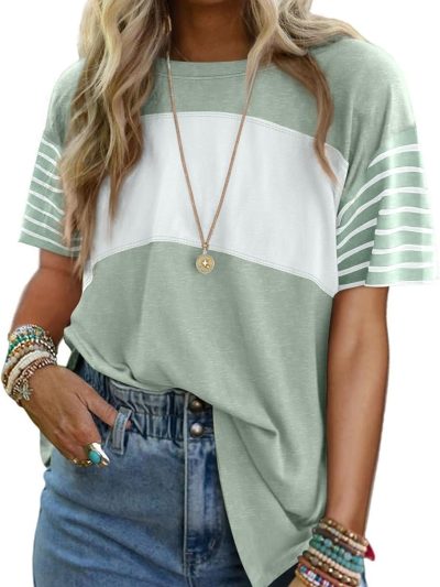 Summer Tops Trendy Oversized  Crewneck Casual Color Block Striped Women Shirts Blouses