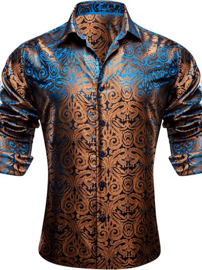 Men Dress Shirt Paisley Silk Long Sleeve Button Down Shirts Formal Wedding Regular Fit Tops Disco Party